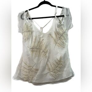 gimmicks Women’s Sheer White Cold Shoulder Boho Top Gold Leaf Accents Size Large